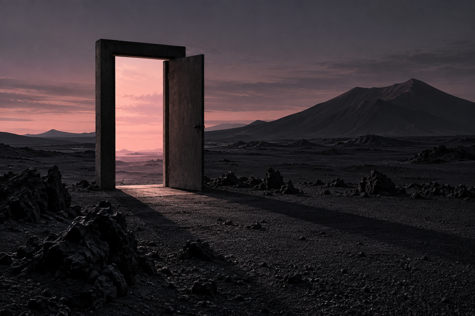 An isolated doorway in dark volcanic terrain opens onto a pale pink sky, an original surreal editorial image.